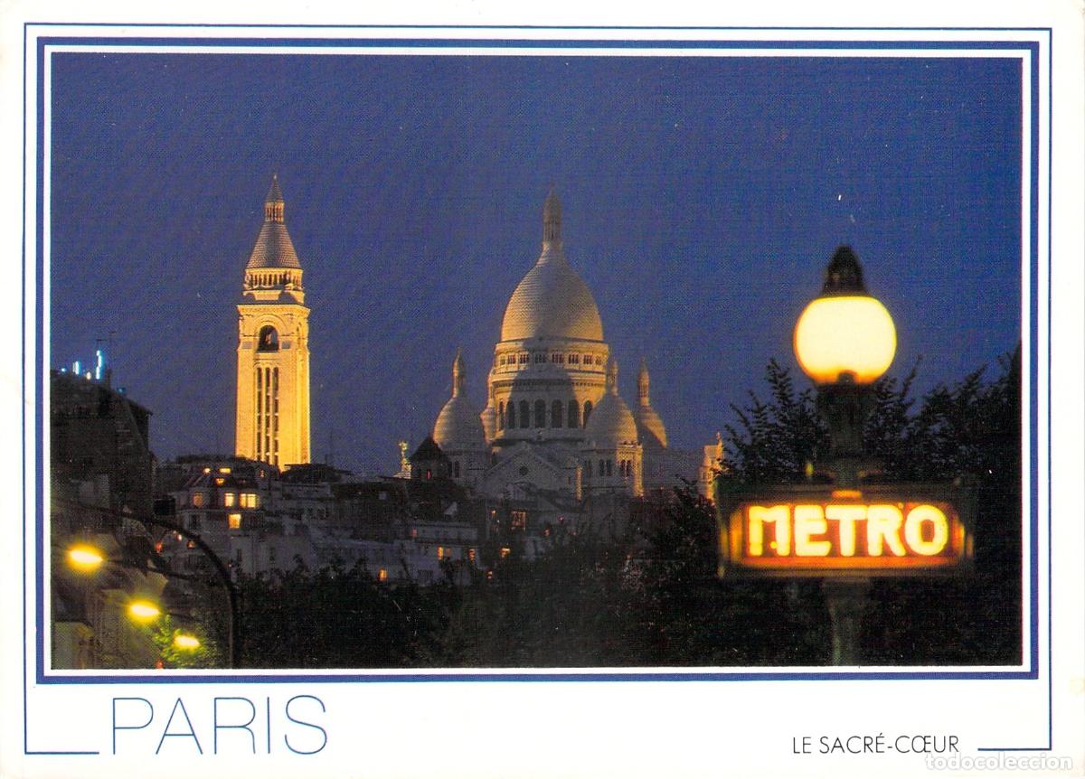 Cartes Postales: Postal de Par&iacute;s Bas&iacute;lica del Sagrado Coraz&oacute;n y Metro de Noche
