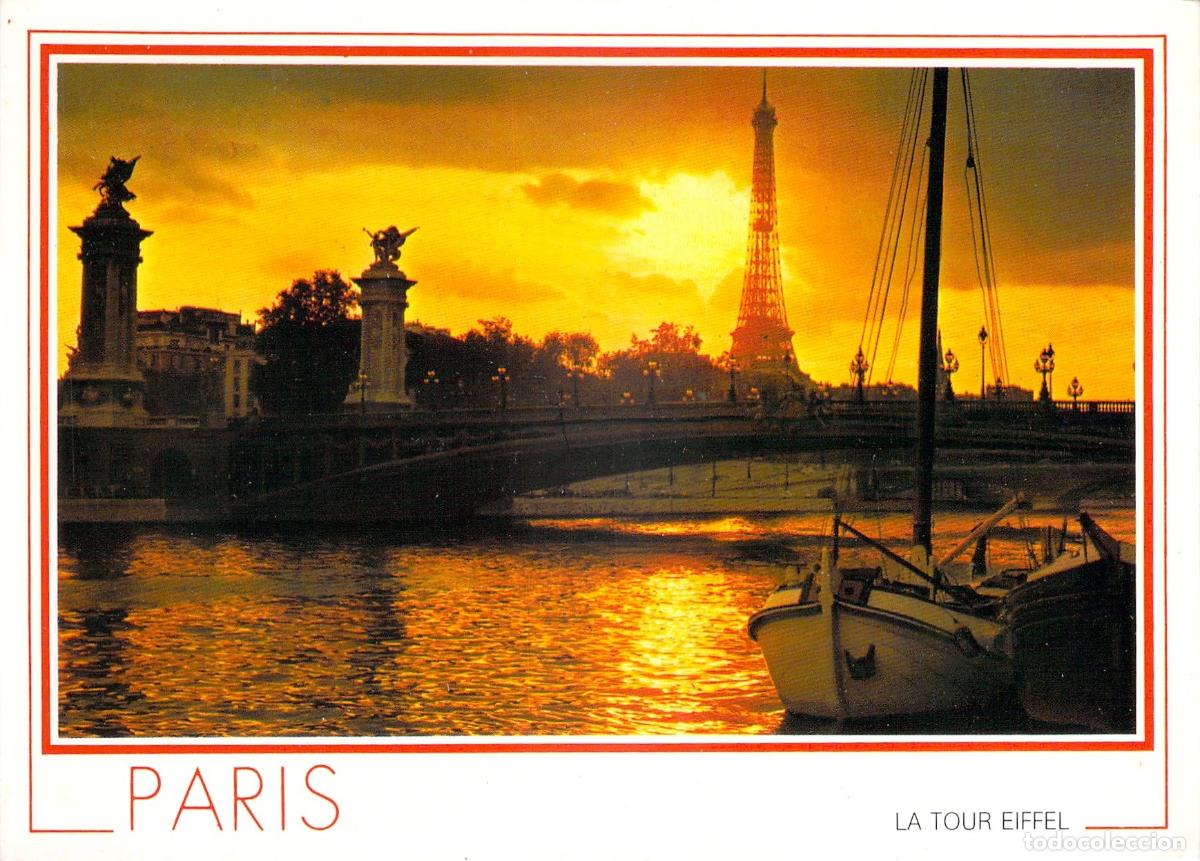 Postales: Postal de Par&iacute;s con la Torre Eiffel y el r&iacute;o Sena al atardecer