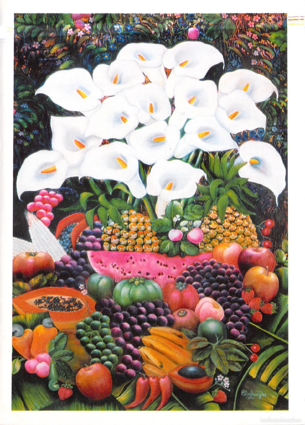 Postales: Postal de naturaleza muerta con lirios y frutas