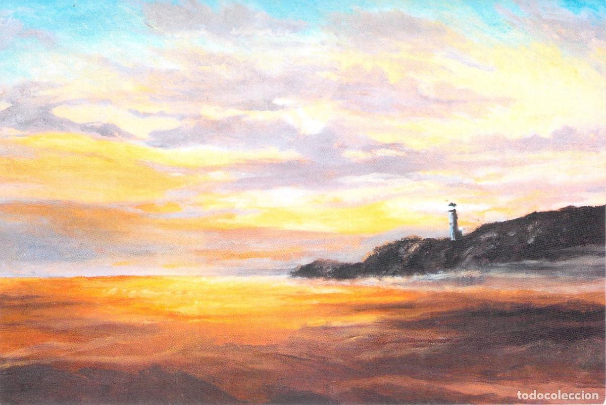 Postales: Postal con pintura de Audrey Cyr y faro al atardecer