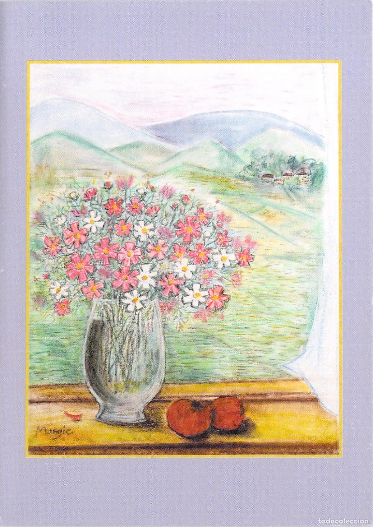 Postales: Postal ilustrada de flores en jarr&oacute;n frente a paisaje