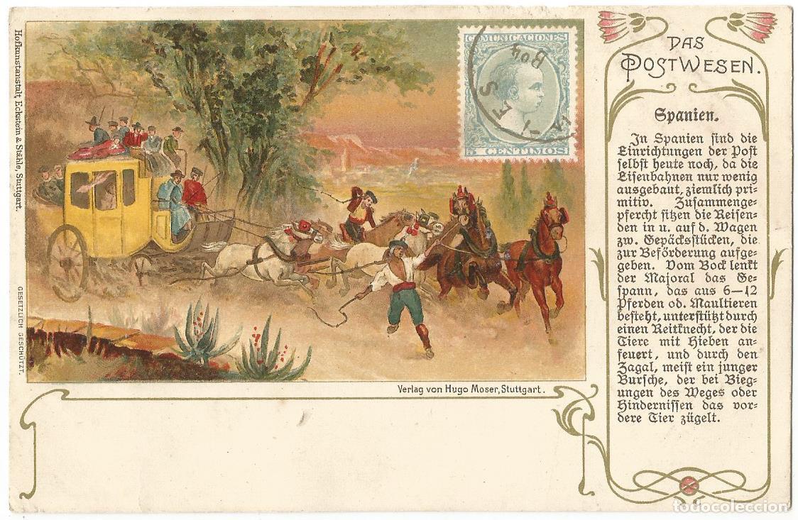 Postales: El Correo en Espa&ntilde;a 1898, Carroza Postal, Postal Litogr&aacute;fica Alemana, Nueva