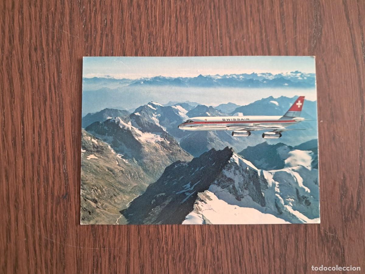 Postales: postal de Suiza, avi&oacute;n Swissair sobrevolando Alpes, transporte a&eacute;reo. a&ntilde;os 70.