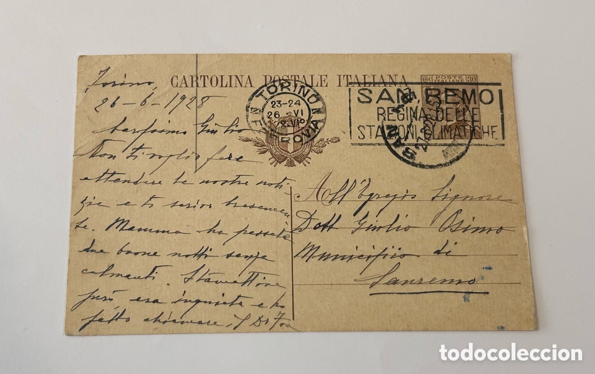Postales: ANTIGUA POSTAL CIRCULADA. 1928. SELLO IMPRESO Y MATASELLOS PUBLICITARIO. ITALIA. TUR&Iacute;N