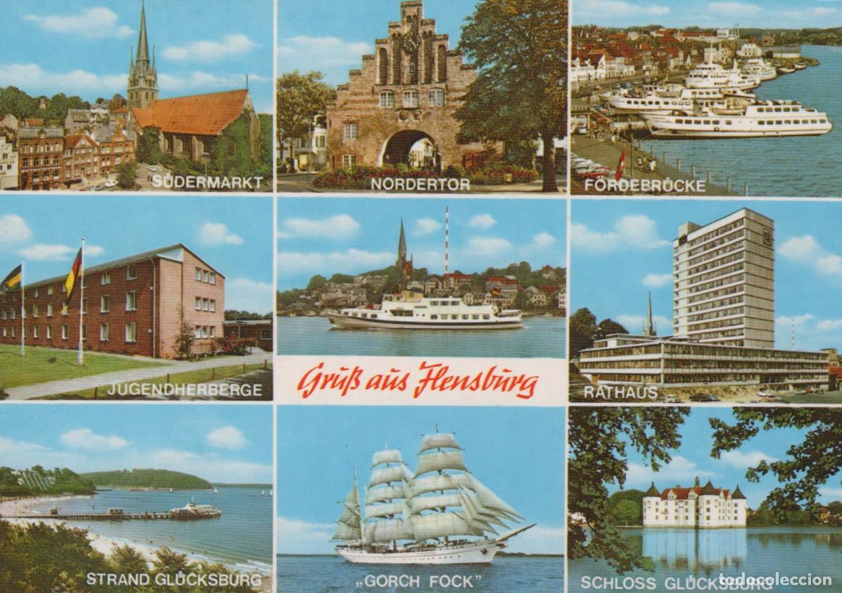 Postkarten: Germany Flensburg And Gl&uuml;cksburg Multi View With Gorch Fock *YBB194
