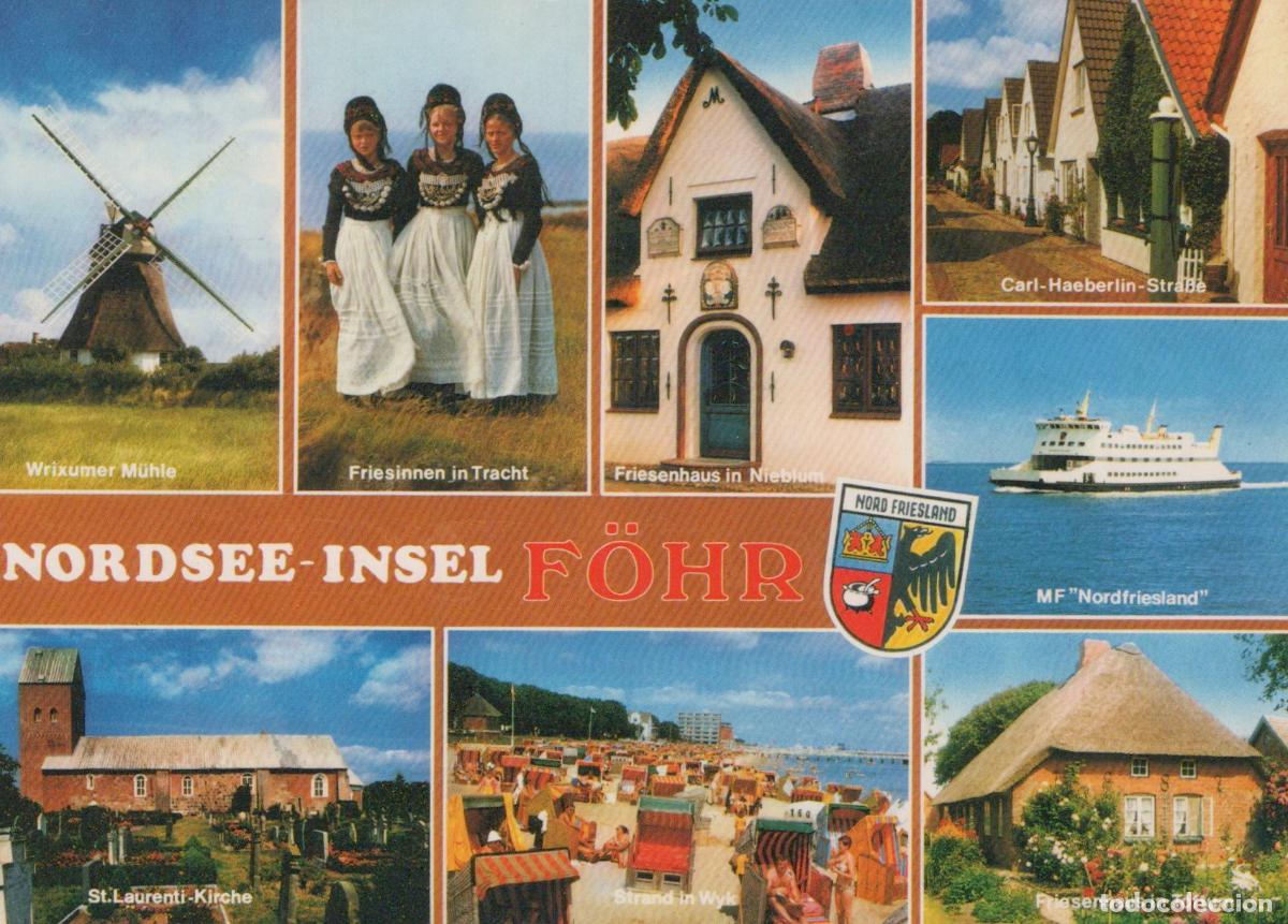 Postkarten: Germany F&ouml;hr Island Windmill Traditional Costumes Houses Ferry Beach *YBB196