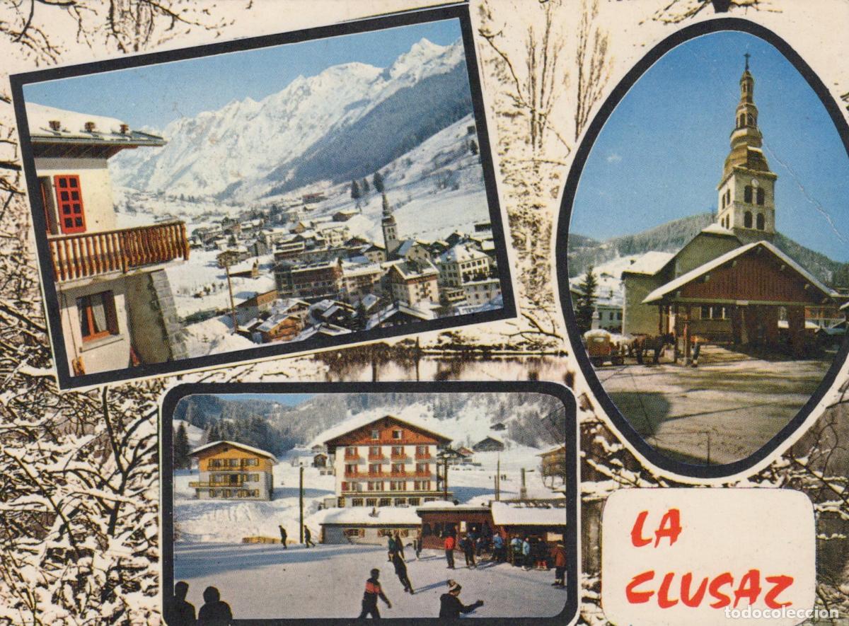 Postkarten: France La Clusaz Winter Scenes With Village Church And Skiers Unposted *YBB313