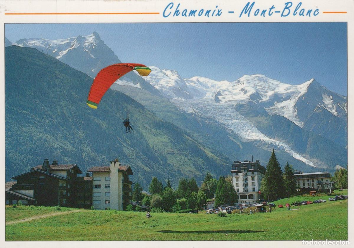 Postcards: France Chamonix Mont Blanc Paragliding Over Alpine Landscape With Hotels *YBB916