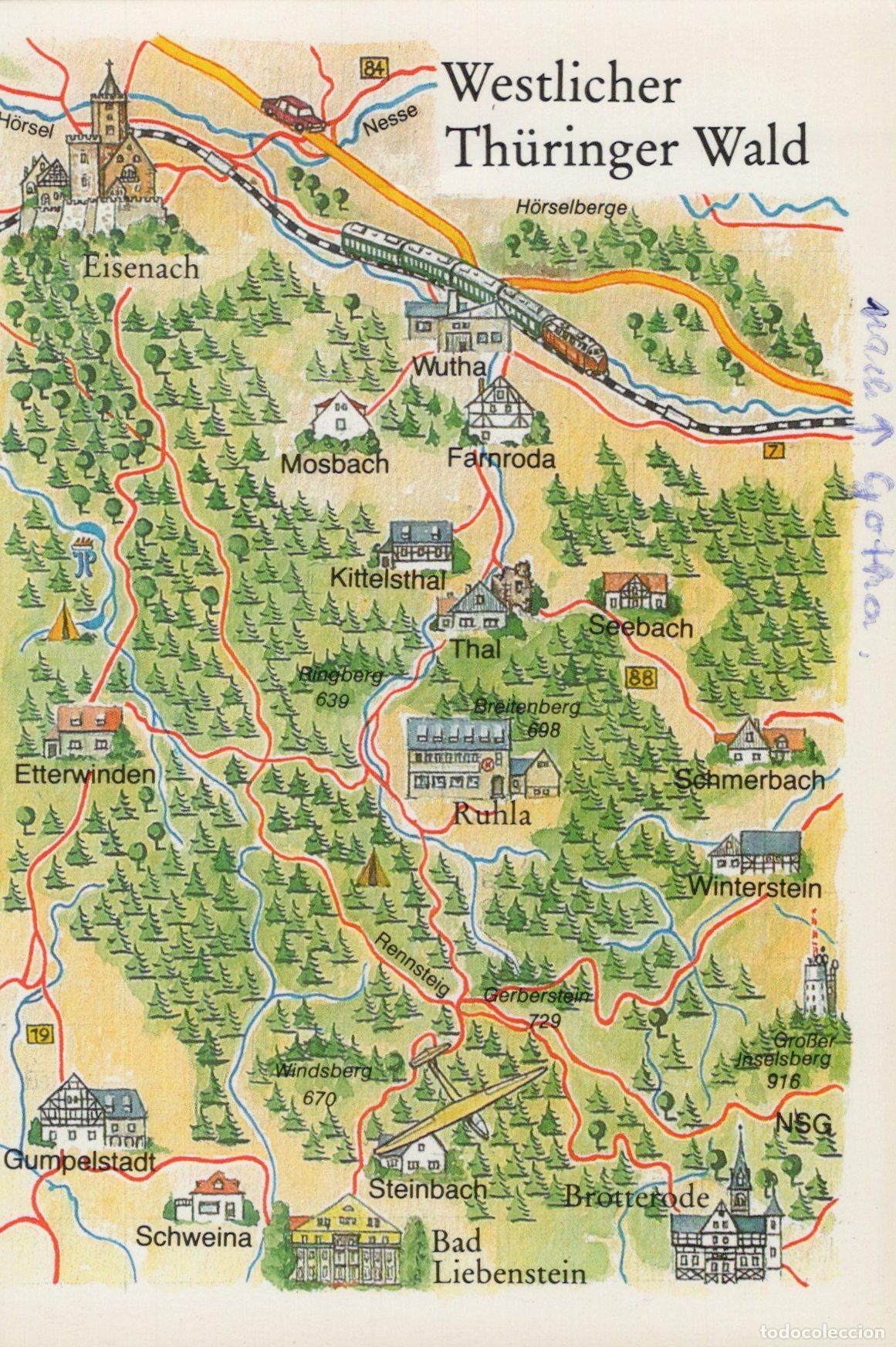 Postcards: Germany Map Of Western Thuringian Forest With Towns And Train *YBB884