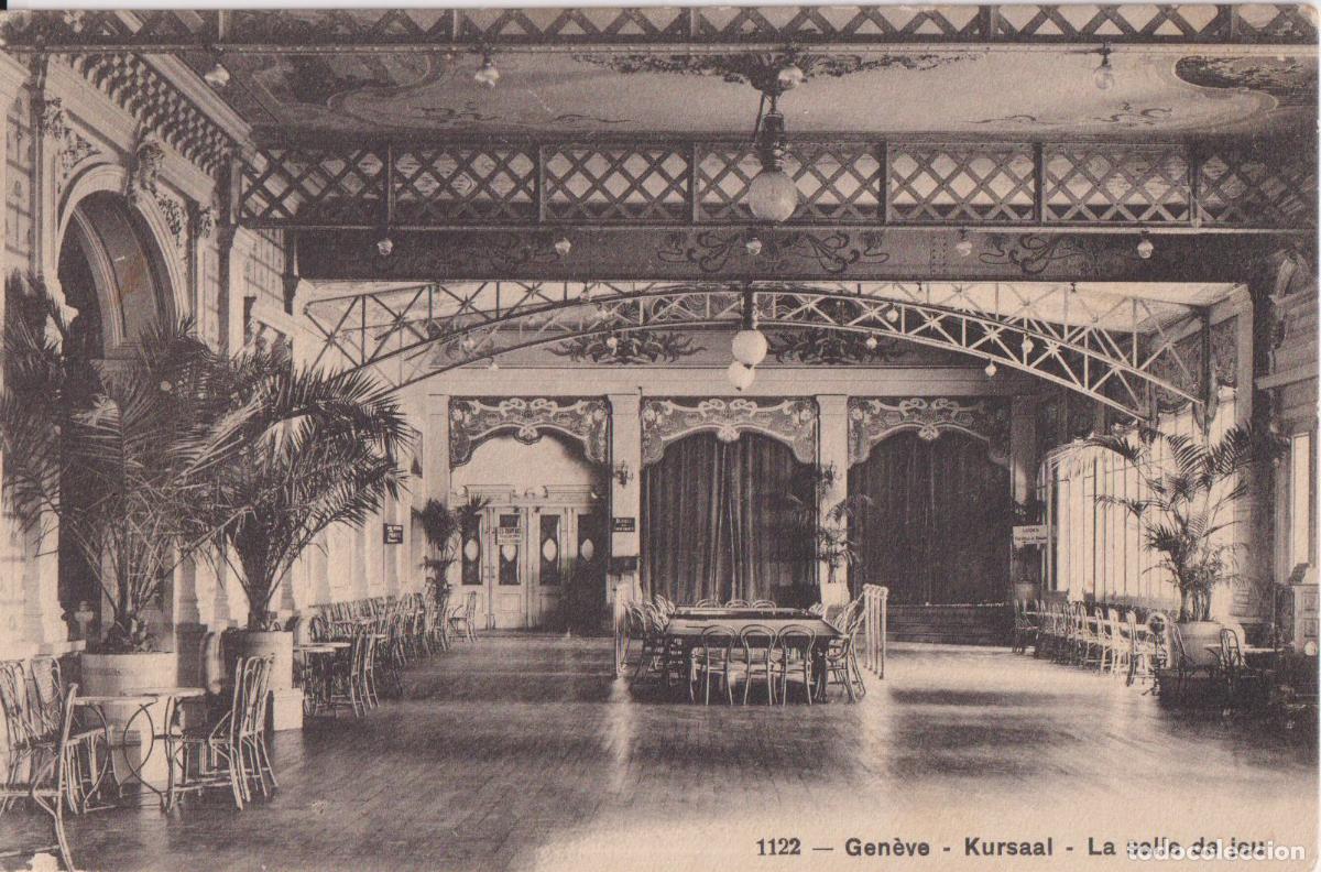 Postales: SUIZA, GINEBRA, LE GRAND-CASINO OU KURSAAL. LA SALLE DE JEU - PHOTOTYPIE Co. - CIRCULADA 1929