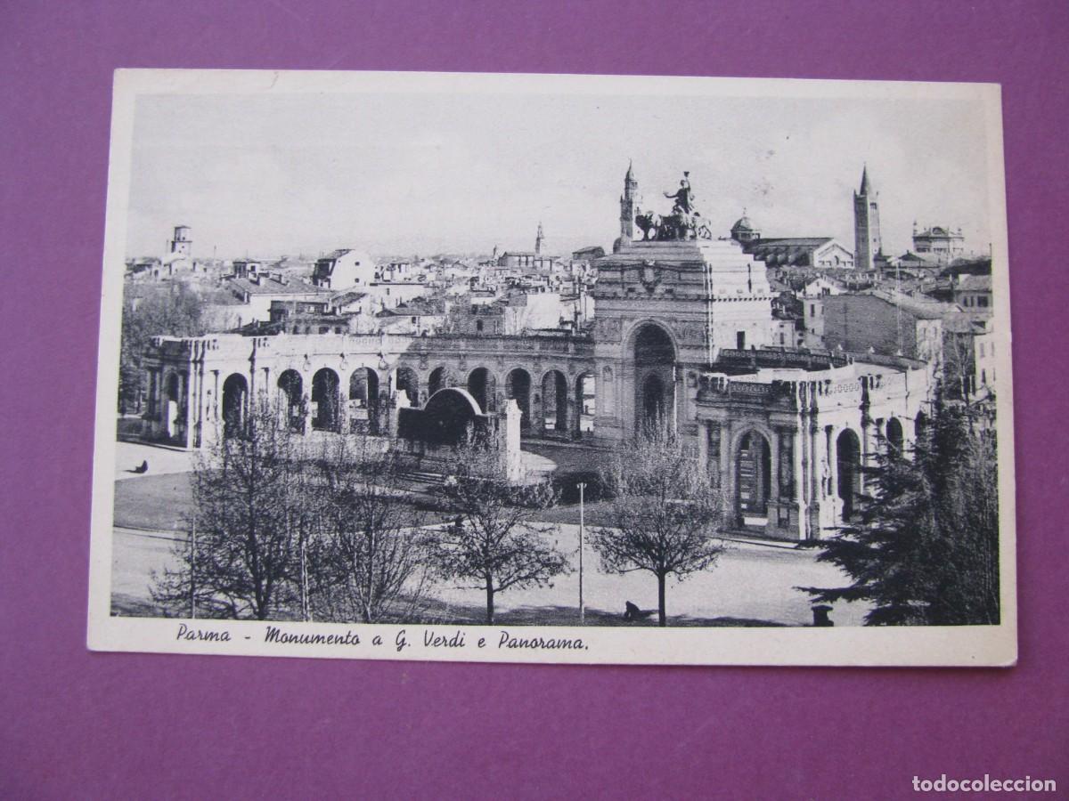 Postales: ANTIGUA POSTAL DE ITALIA. PARMA. MONUMENTO A G. VERDI E PANORAMA. CIRCULADA 1936