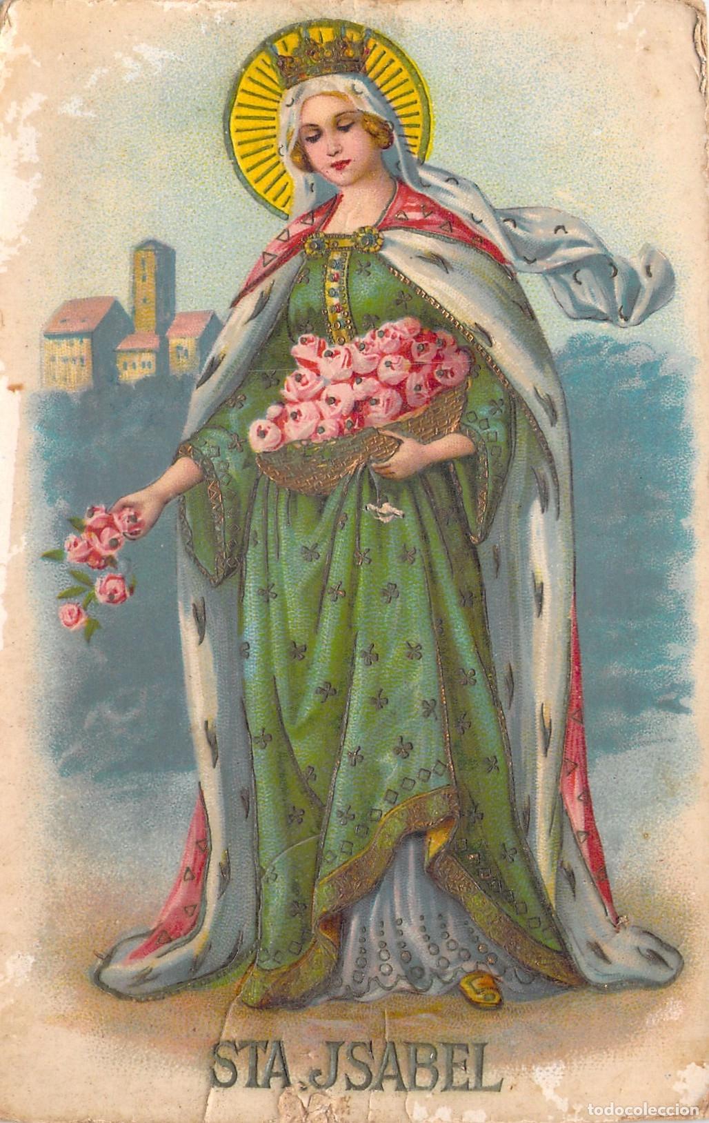 Postales: Postal religiosa de Santa Isabel con flores y dise&ntilde;o cl&aacute;sico