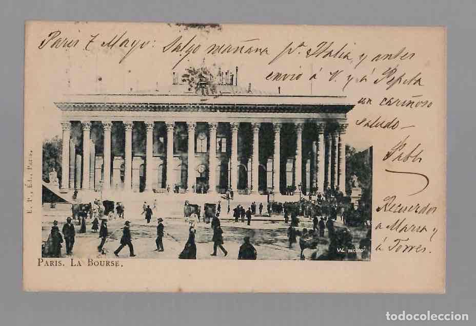 Postales: TARJETA POSTAL PARIS LA BOURSE. CIRCULADA A MADRID, A&Ntilde;O 1896