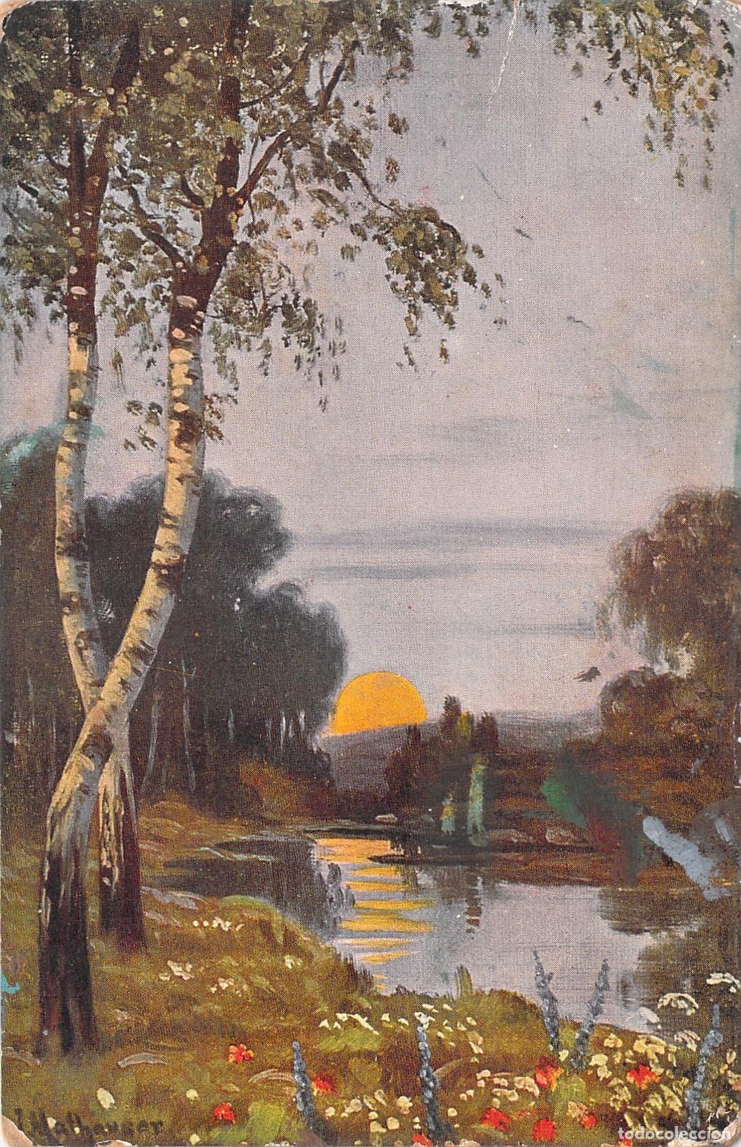 Postales: Postal de arte con paisaje de atardecer junto al lago