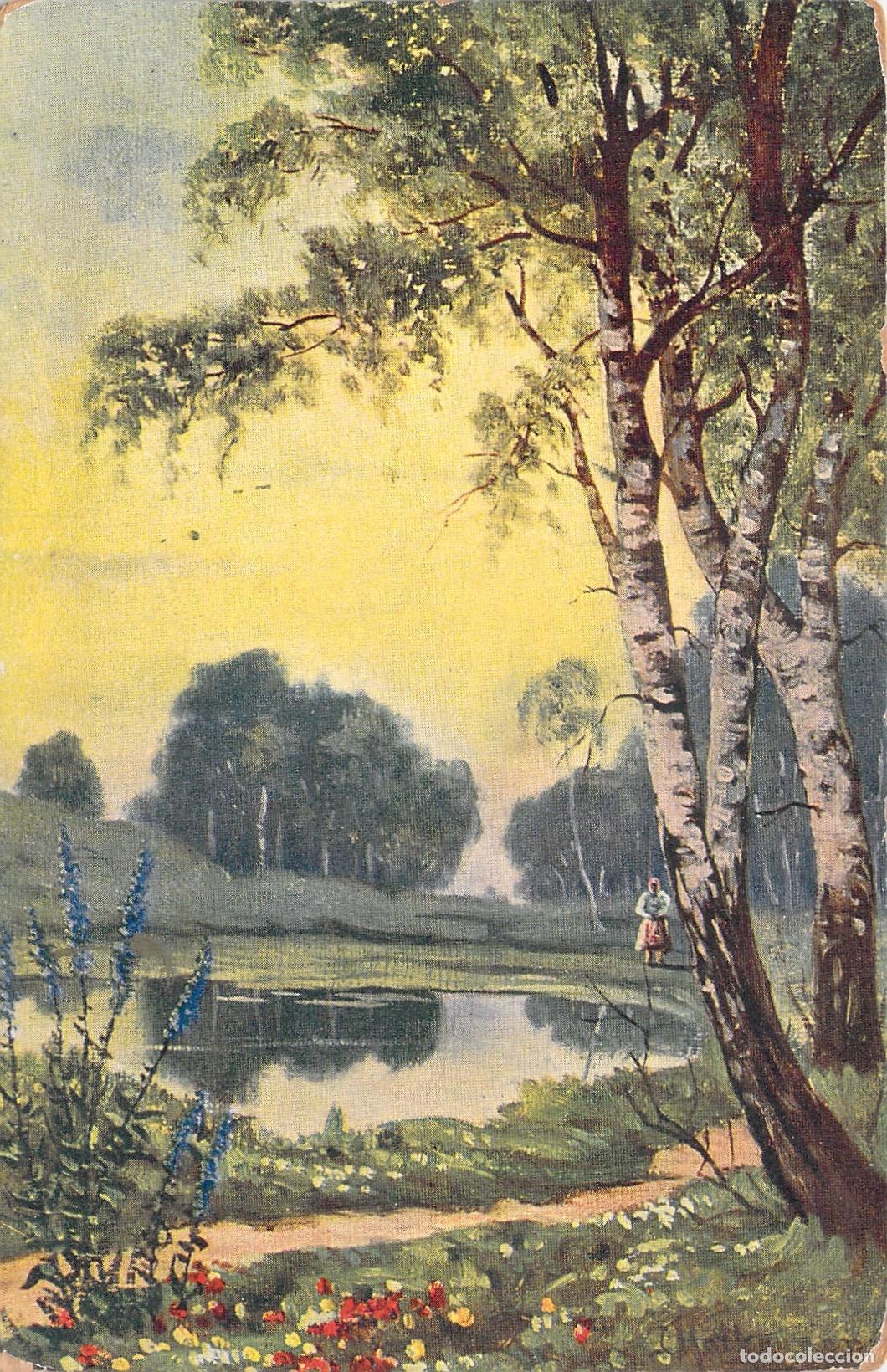Postales: Postal de paisaje con lago y &aacute;rboles