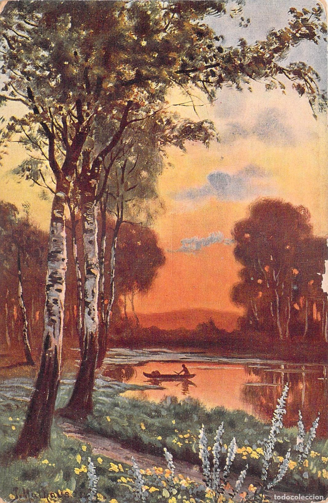 Postales: Postal ilustrada de paisaje con lago y &aacute;rboles al atardecer