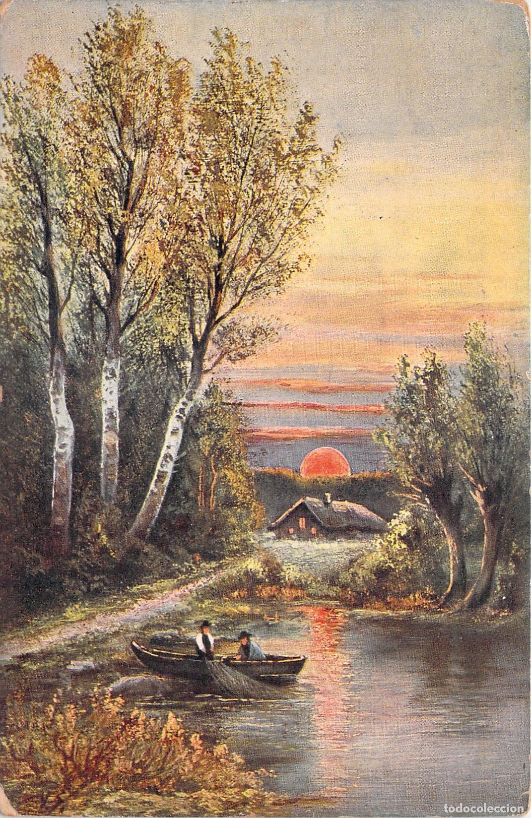 Postales: Postal art&iacute;stica de paisaje con pescador en el r&iacute;o al atardecer