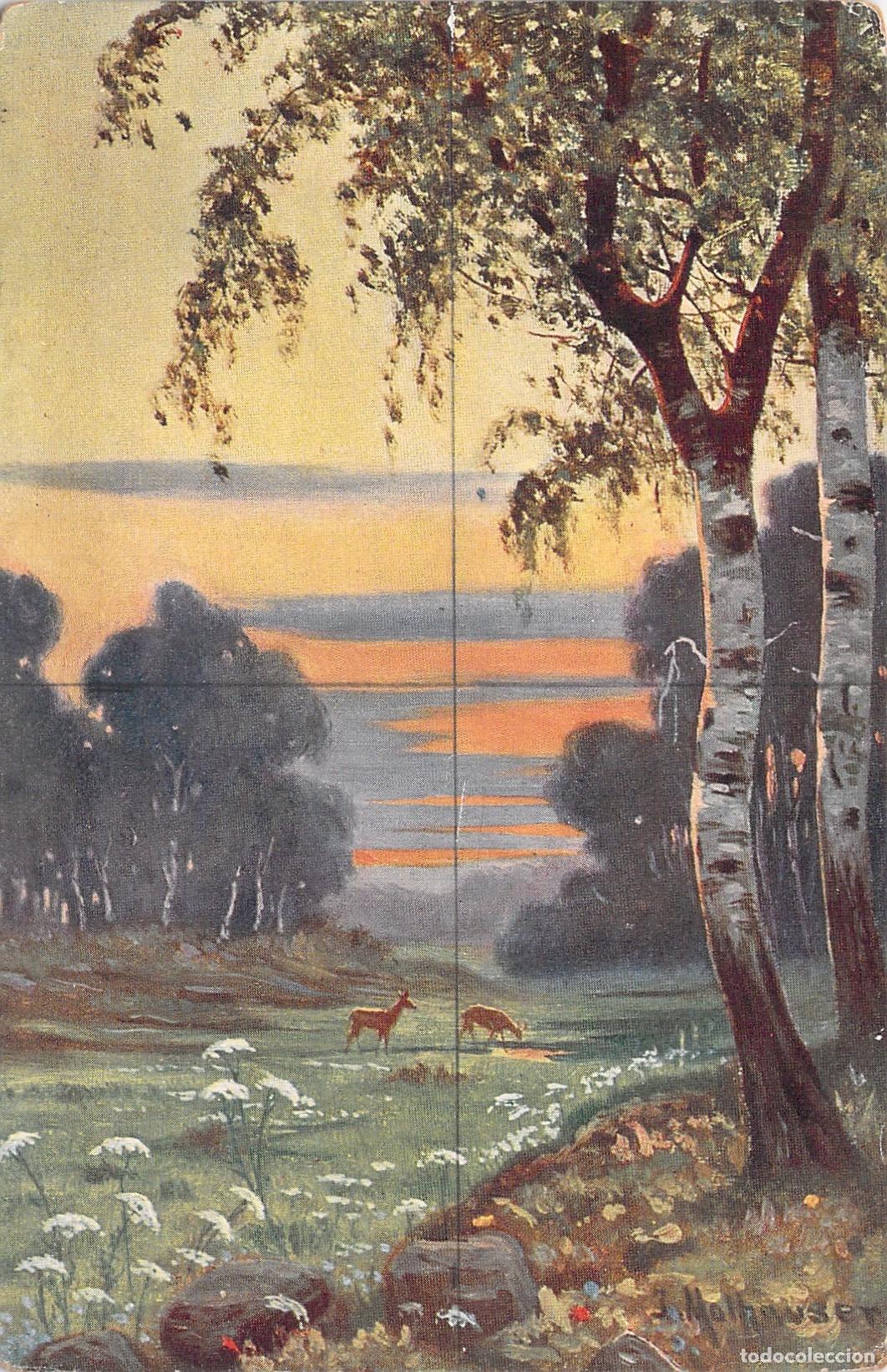 Postales: Postal de paisaje art&iacute;stico con ciervos en el bosque