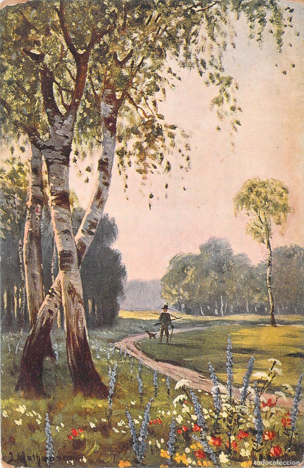 Postales: Postal de paisaje con cazador en el bosque