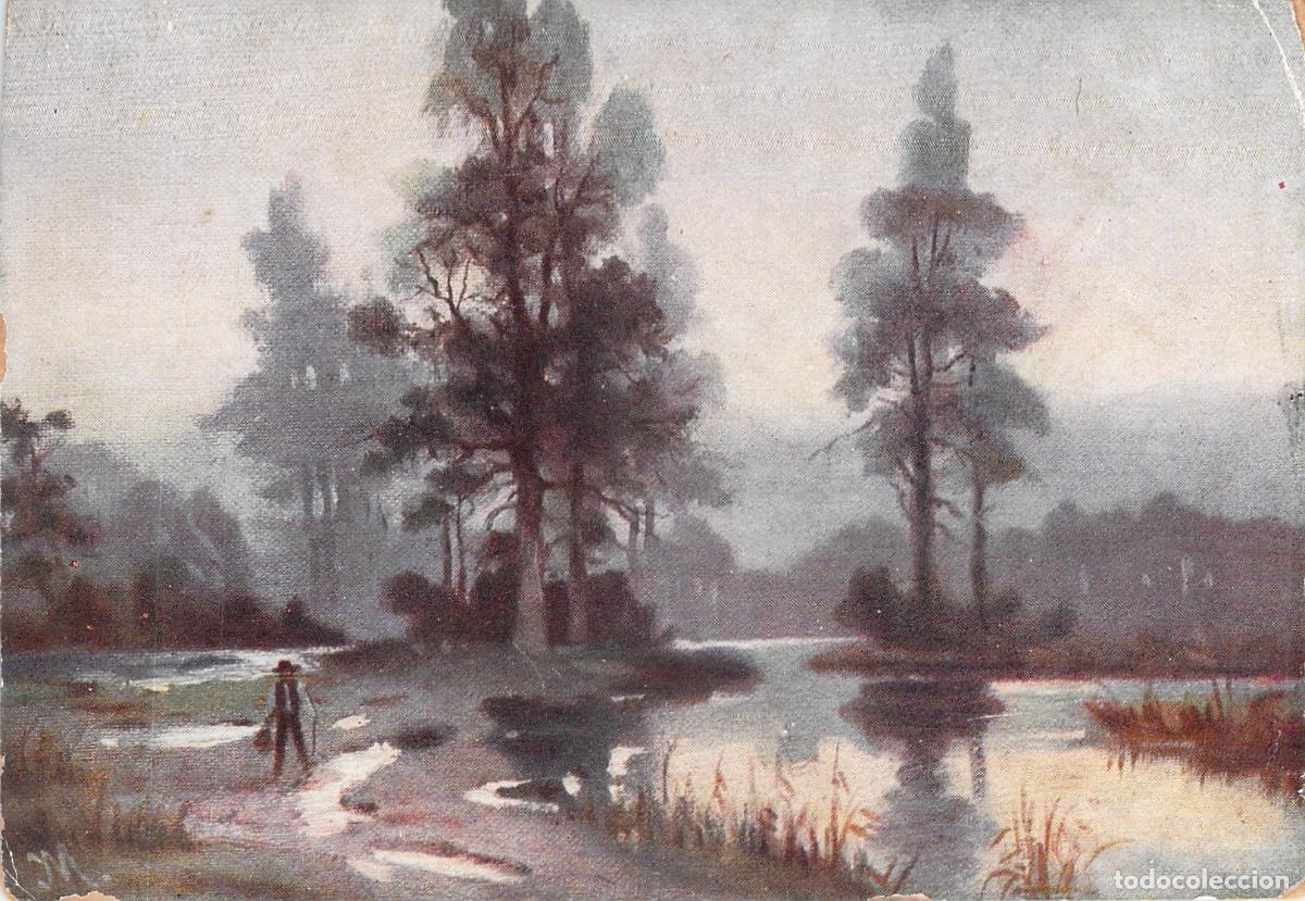 Postales: Postal con pintura art&iacute;stica de paisaje con r&iacute;o y caminante