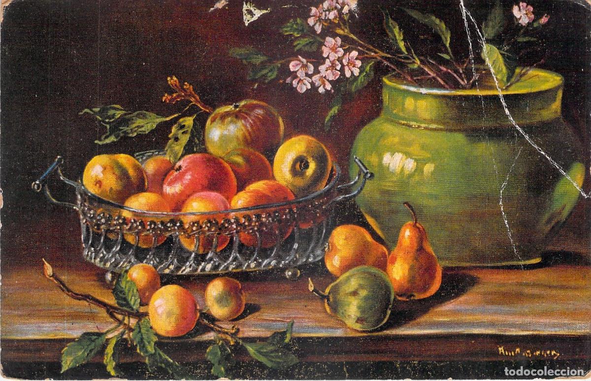 Postales: Postal de bodeg&oacute;n con frutas y jarr&oacute;n verde, arte cl&aacute;sico