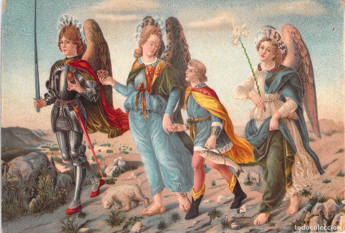 Postales: Postal de los Tres Arc&aacute;ngeles y Tob&iacute;as inspirada en Botticelli