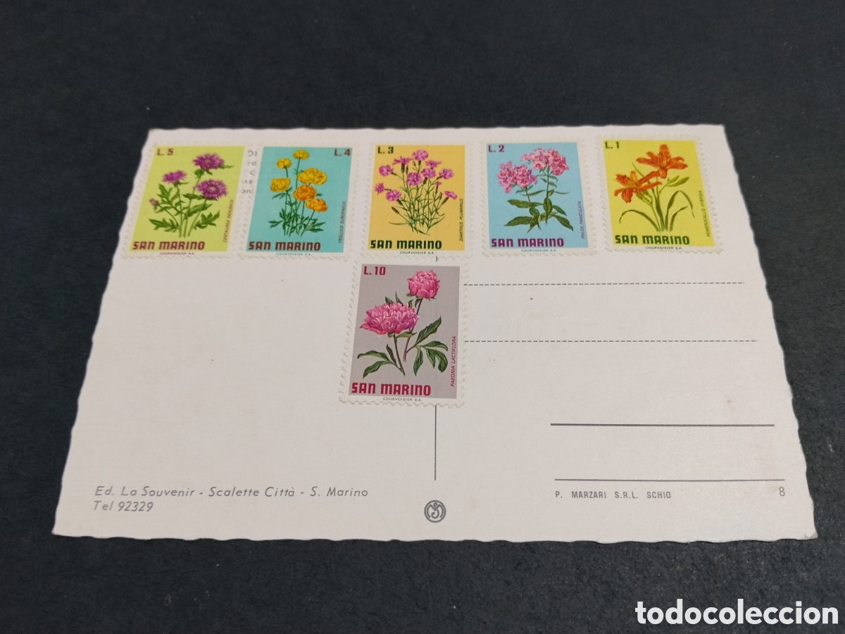 Postales: Postal San Marino castillo, sellos flores 6 valores