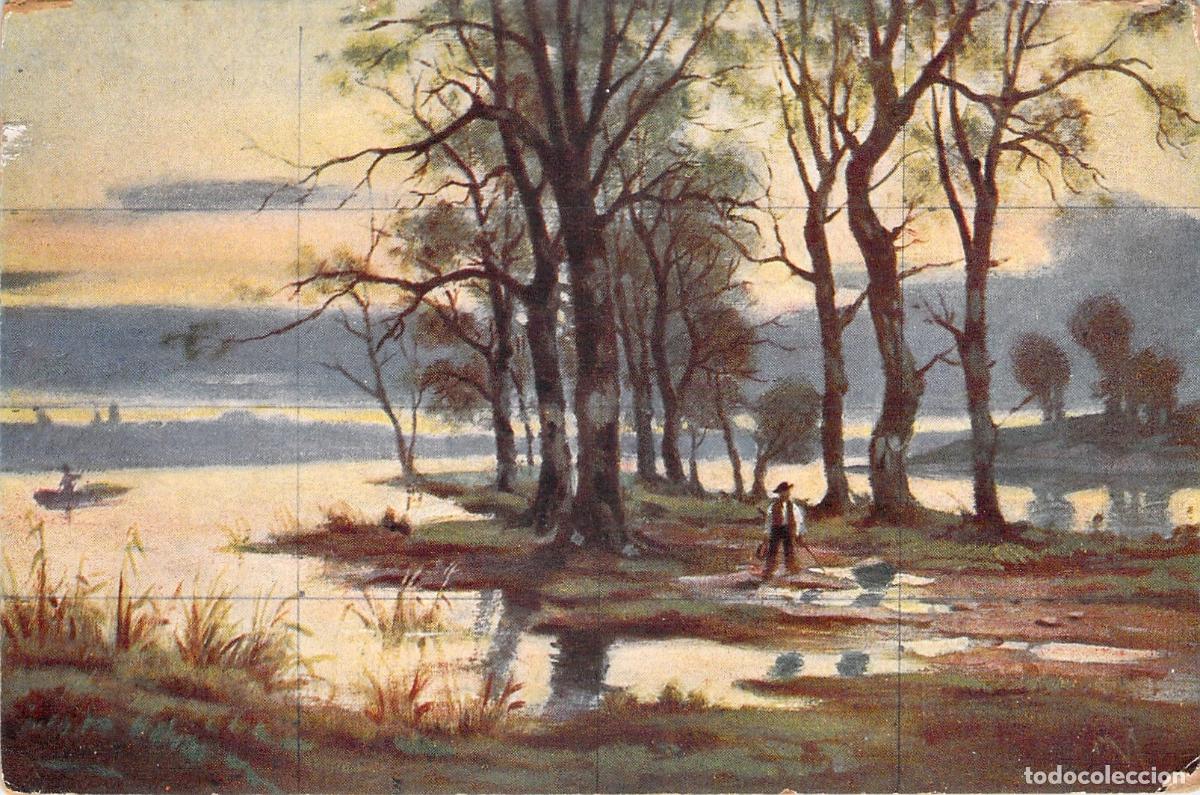 Postales: Postal con pintura de paisaje fluvial y hombre en la orilla