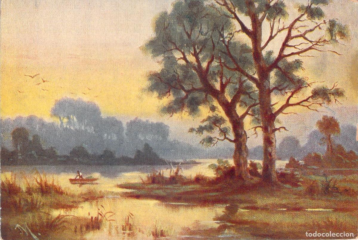 Postales: Postal de paisaje art&iacute;stico con r&iacute;o y atardecer