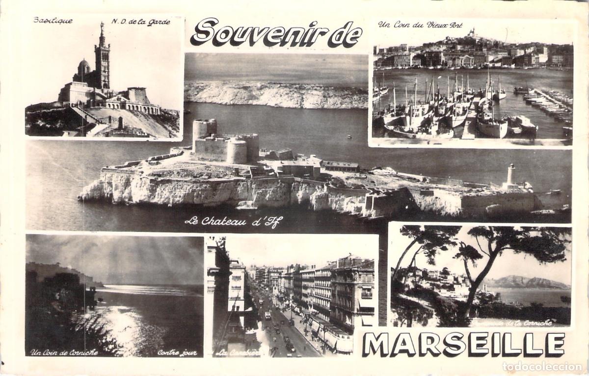 Postales: Postal de vistas m&uacute;ltiples de Marsella con Castillo de If y Puerto Viejo