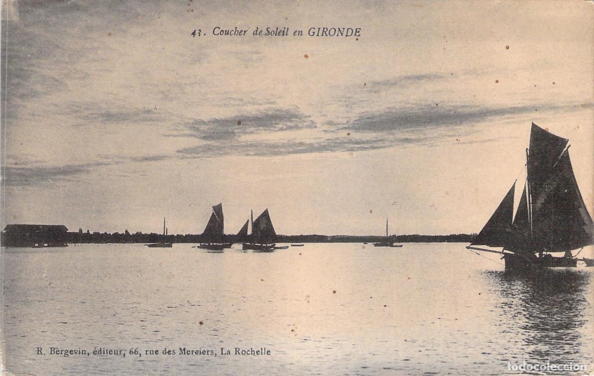 Postales: Postal de atardecer con veleros en Gironde, Francia