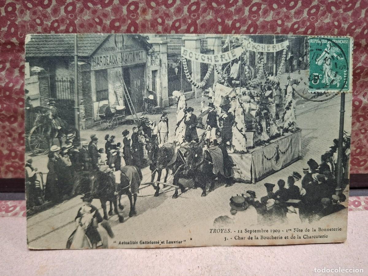 Postales: ANTIGUA POSTAL FRANCIA TROYES FIESTAS BONNETERIE CHAR DE LA BOUCHERIE ET DE LA CHARCUTERIE
