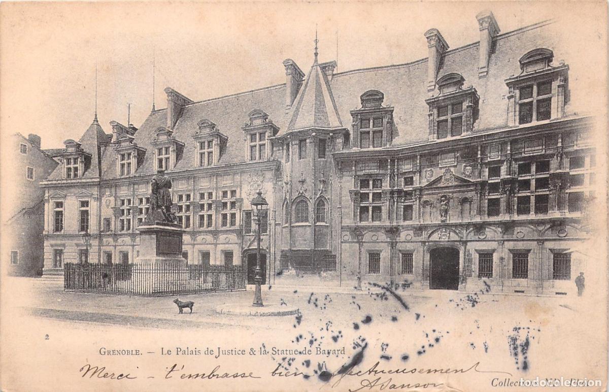 Cartes Postales: Postal de Grenoble: Palacio de Justicia y Estatua de Bayard