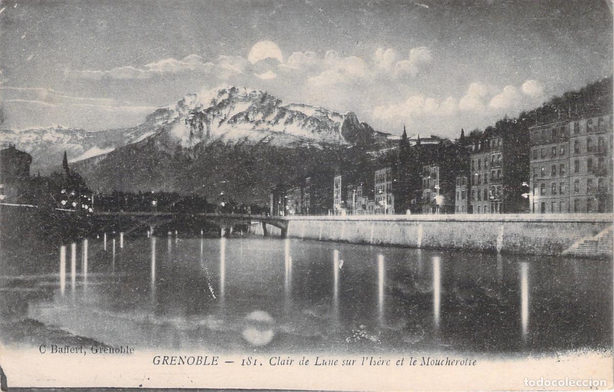 Postales: Postal de Grenoble: R&iacute;o Is&egrave;re y Moucherotte bajo la luz de la luna