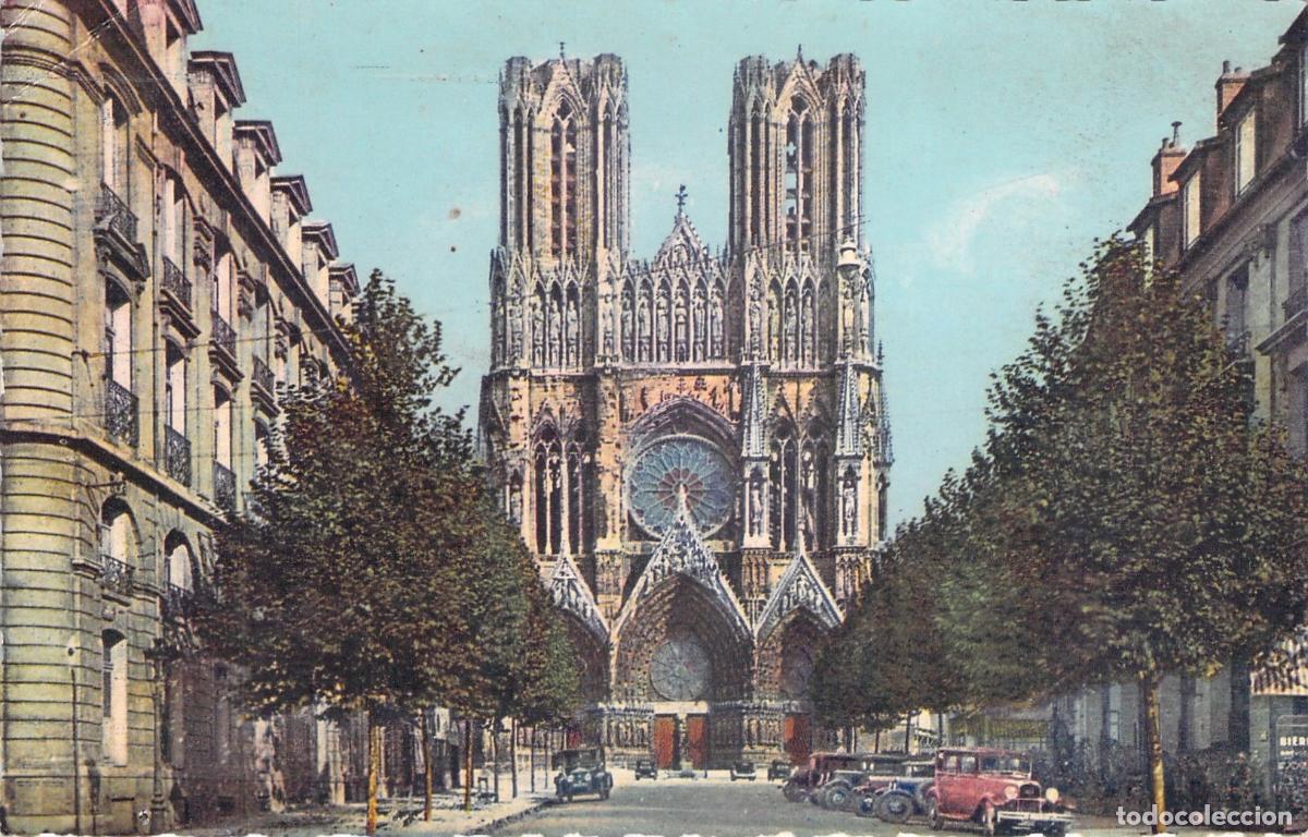 Cartoline: Postal de la Catedral de Reims y la calle John Rockefeller en Francia