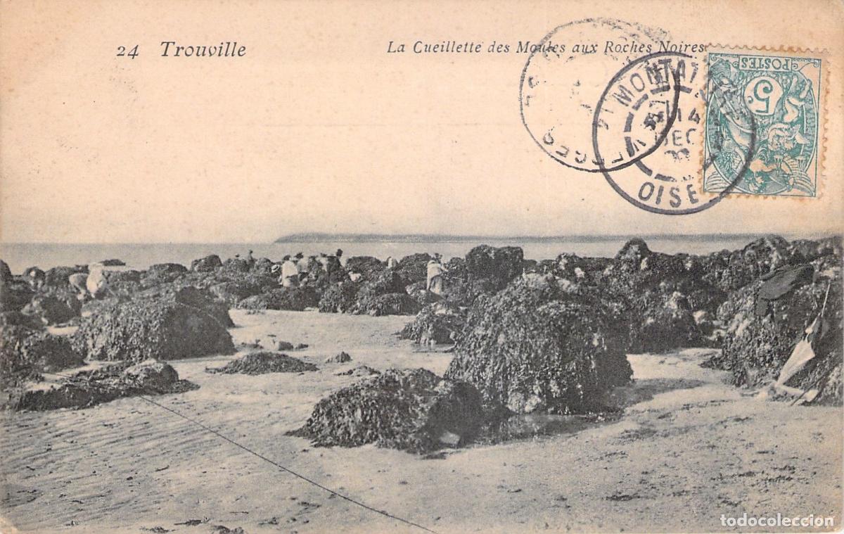 Postales: Postal de la recolecci&oacute;n de mejillones en Roches Noires, Trouville, Francia