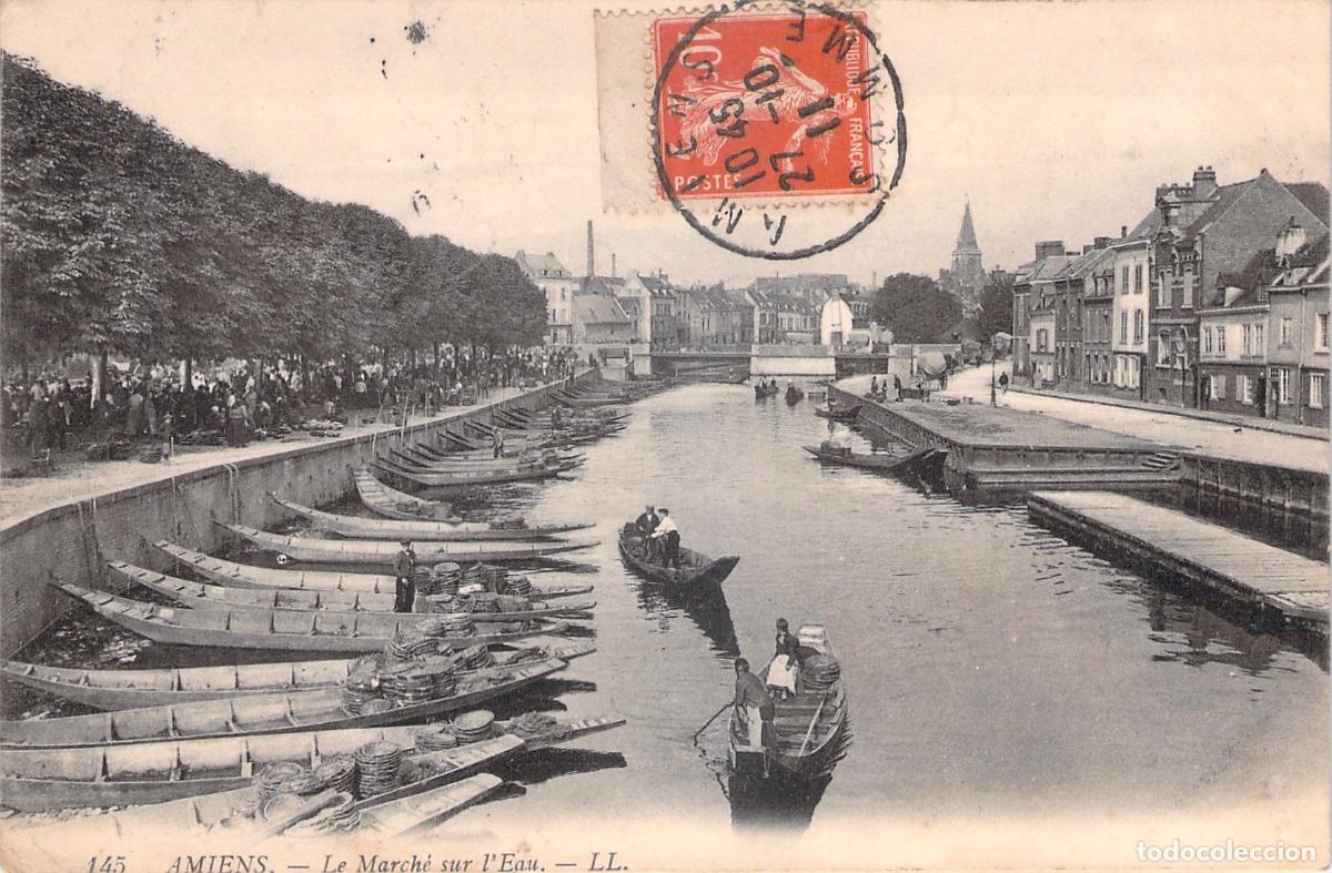 Cartoline: Postal de Amiens, Le March&eacute; sur l'Eau, vista de canales y barcos