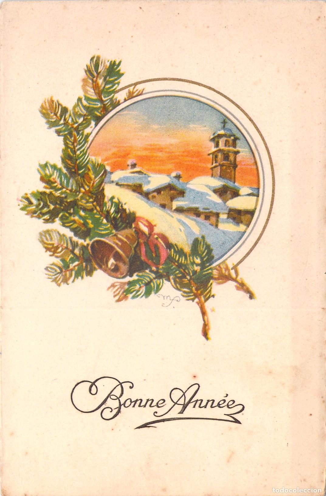 Cartoline: Postal de Feliz A&ntilde;o Nuevo con paisaje invernal e ilustraci&oacute;n de campana