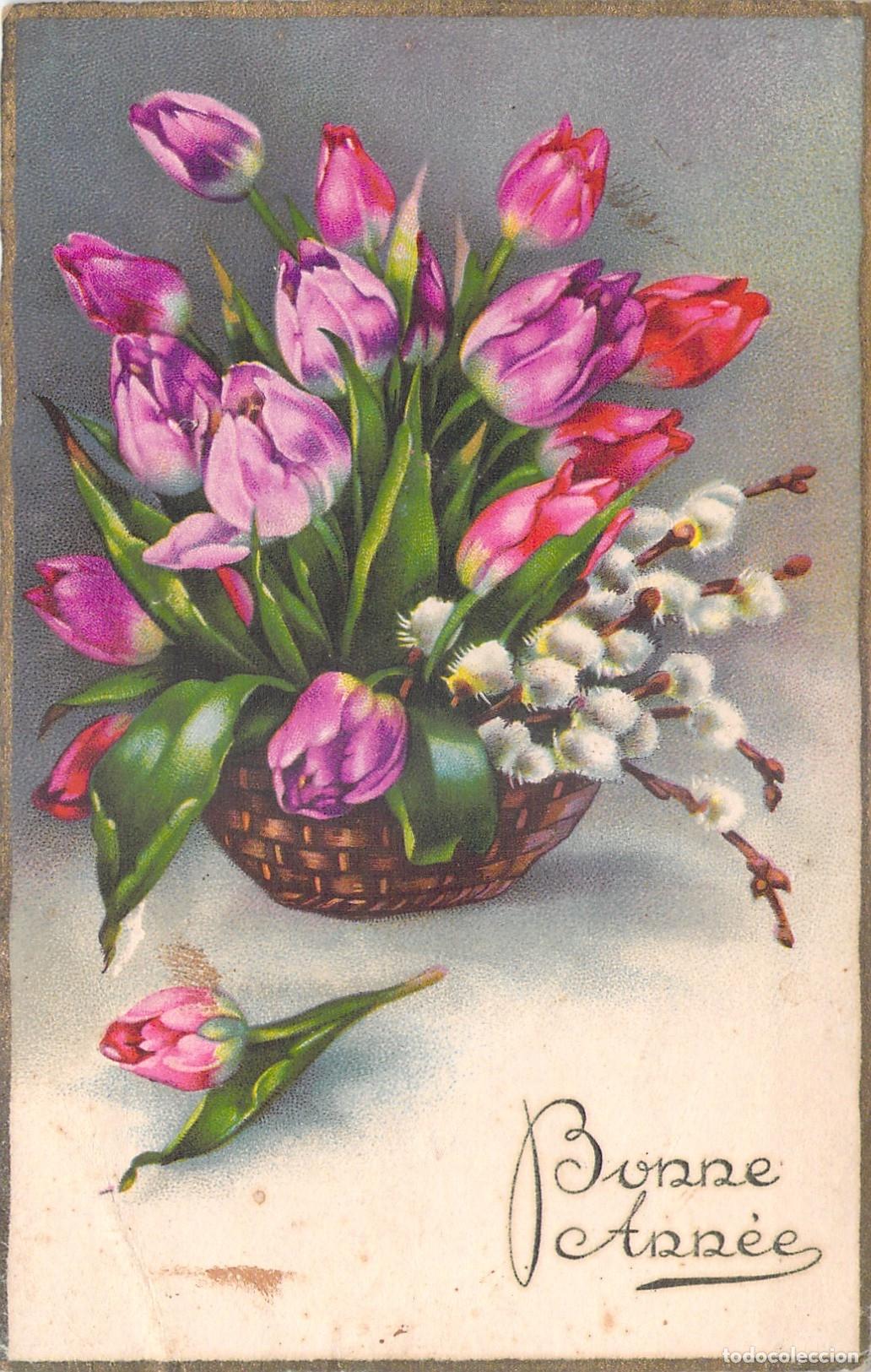 Postais: Postal con ilustraci&oacute;n floral de tulipanes en cesta