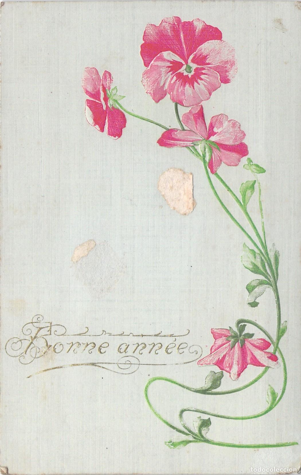 Postais: Postal Francesa Bonne Ann&eacute;e con Ilustraci&oacute;n de Flores Rosa