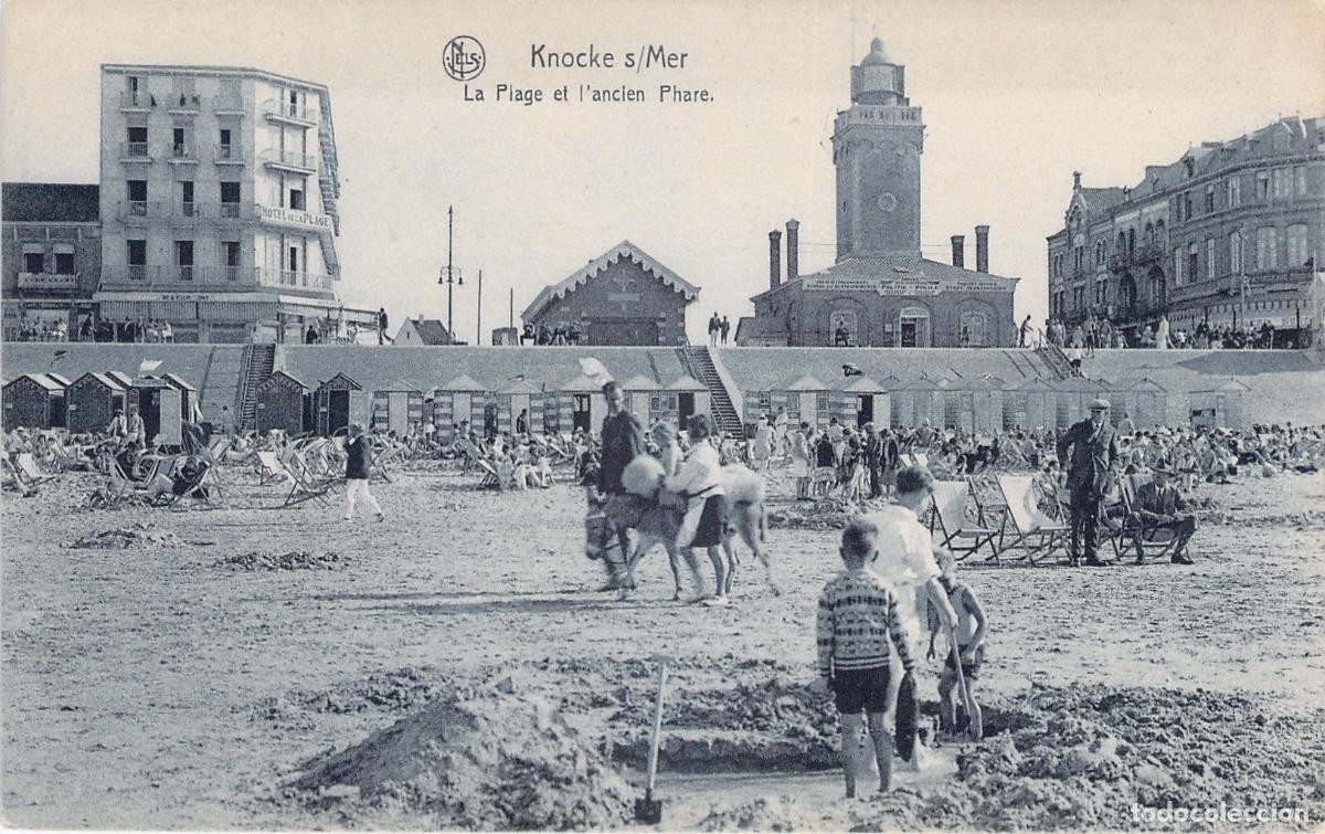 Postales: Postal de Knokke s/Mer con playa y antiguo faro en B&eacute;lgica