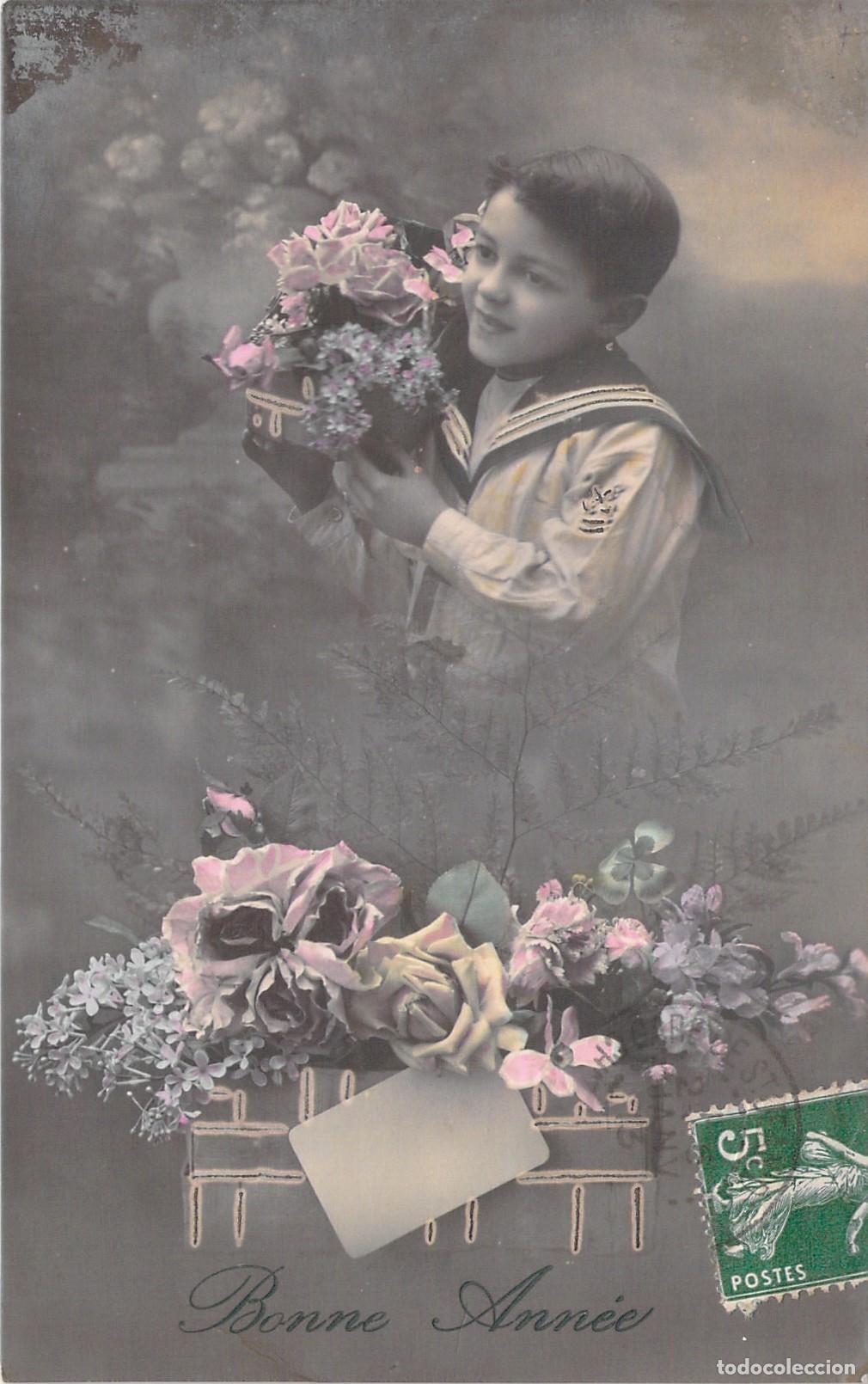 Postcards: Postal antigua de a&ntilde;o nuevo con retrato de ni&ntilde;o y flores