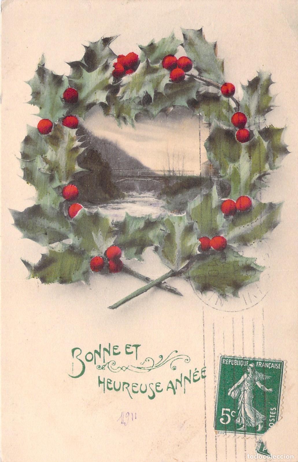 Postcards: Postal de Feliz A&ntilde;o Nuevo con Corona de Acebo Francia