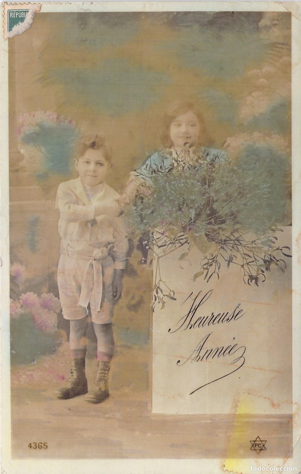 Postcards: Postal con ni&ntilde;os y flores, saludo de a&ntilde;o nuevo