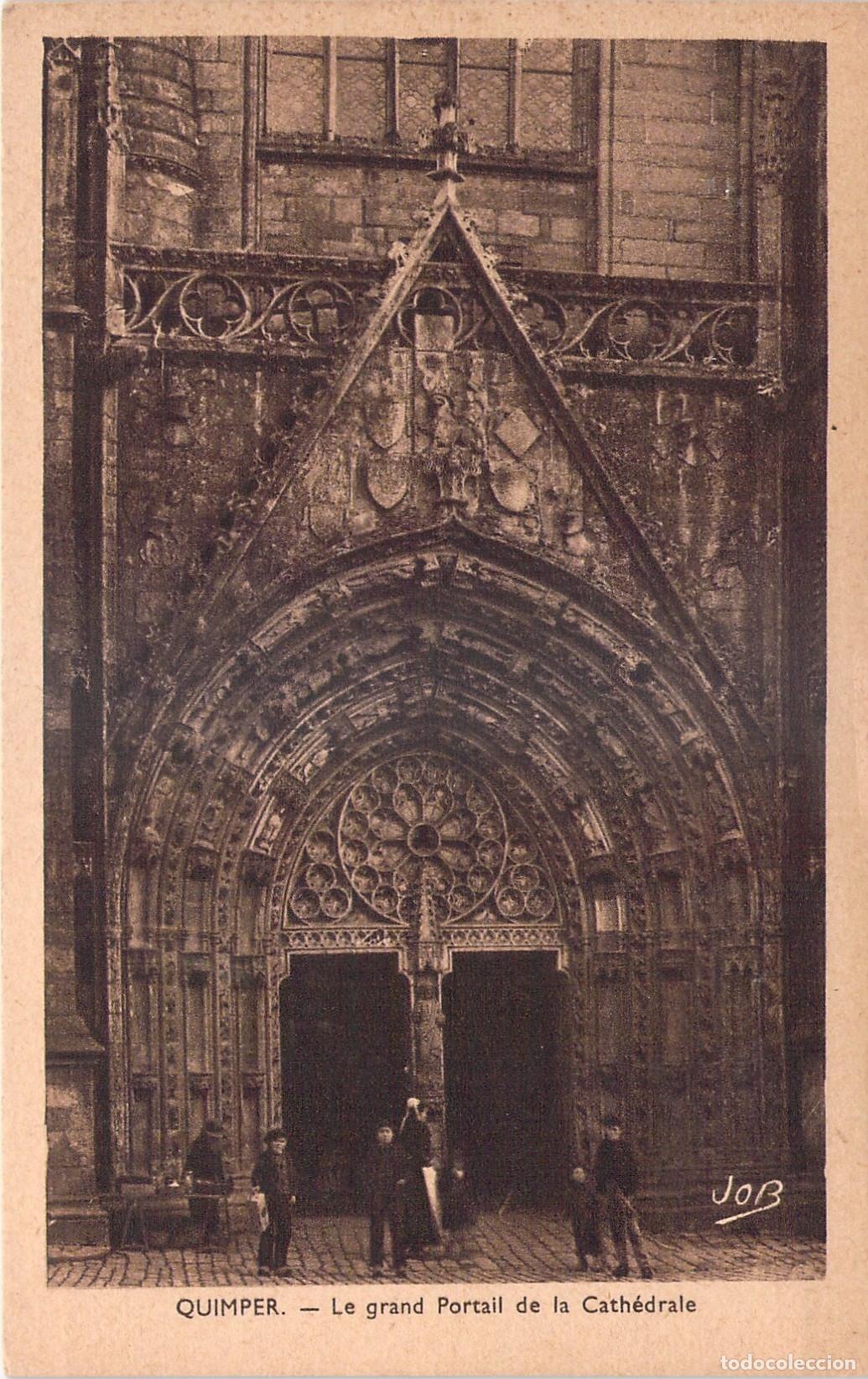 Postkarten: Postal de la Catedral de Quimper, Portada G&oacute;tica, Francia