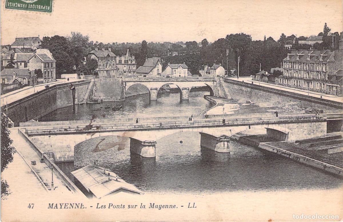 Postales: Postal de los puentes sobre el r&iacute;o Mayenne en Francia