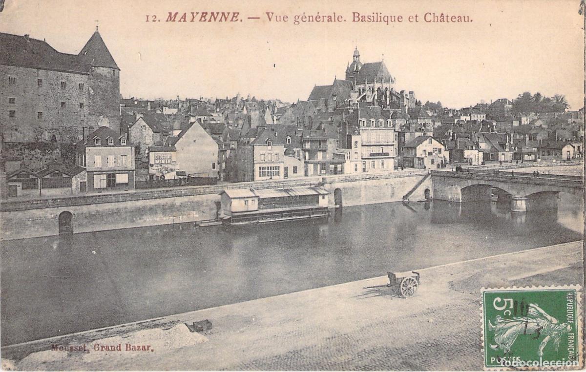 Postales: Postal de Mayenne, Francia, vista general con bas&iacute;lica y castillo