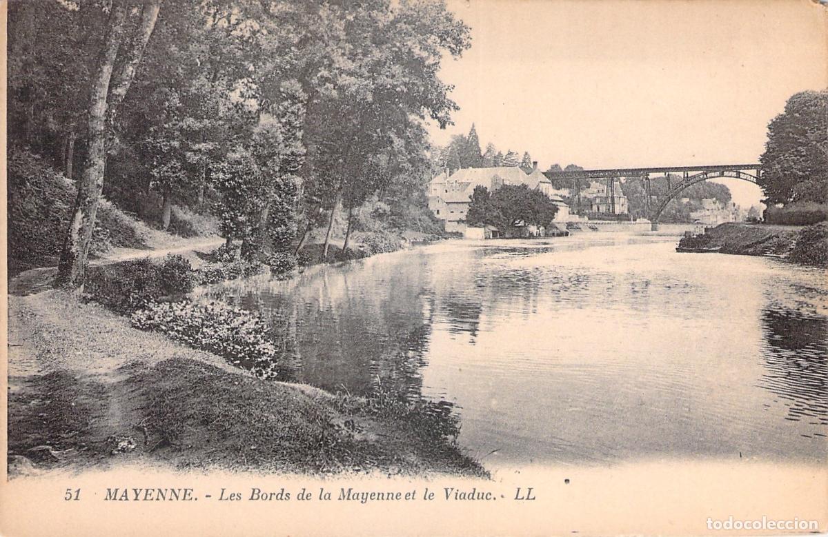 Postales: Postal de Mayenne, Francia, los bordes del r&iacute;o y el viaducto