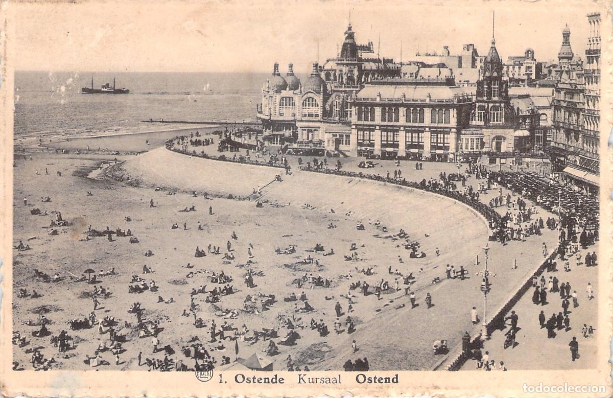 Postales: Postal de la playa y el Kursaal en Ostende, B&eacute;lgica