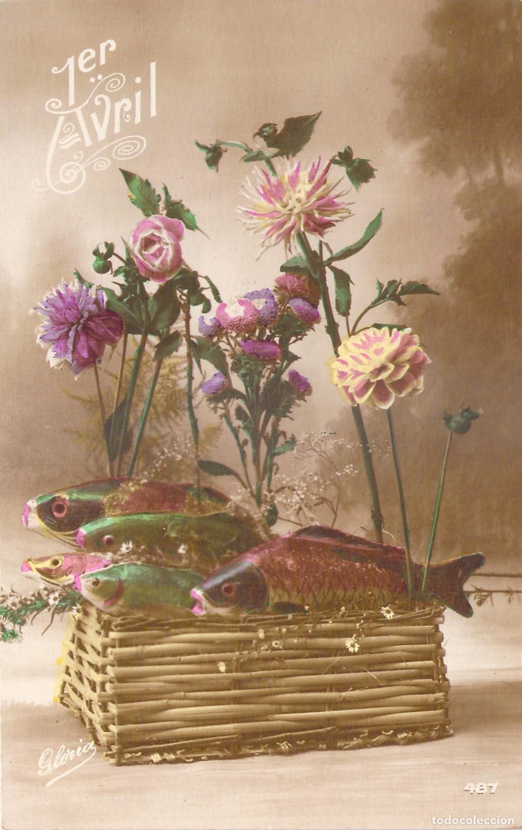 Postkarten: Postal de Primero de Abril con Cesta de Flores y Peces Decorativos